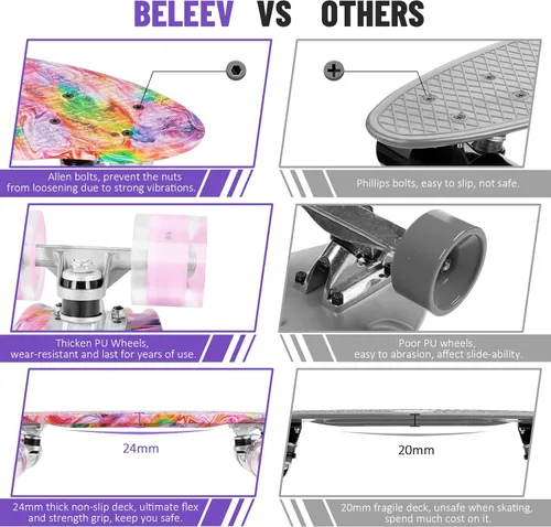 Miniatura 4 de BELEEV Patinetas de 22 pulgadas para niños, patineta cruiser para principiantes, niños, niñas, adolescentes y adultos, patinetas mini clásicas Rosa