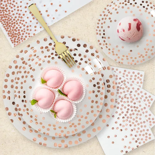 Miniatura 7 de Platos y Servilletas de Papel Blanco y Oro Rosa - Paquete de 50 - 25 Platos de Papel de 7 pulgadas y 25 Servilletas de 6.5 pulgadas, Suministros