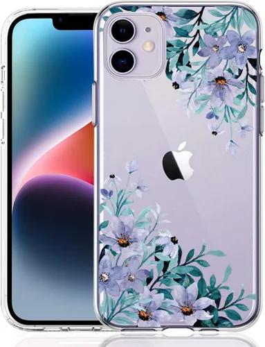 Miniatura 11 de Compatible con iPhone 11, funda transparente con flores florales a prueba de golpes, parte trasera dura, delgada, bonita funda transparente