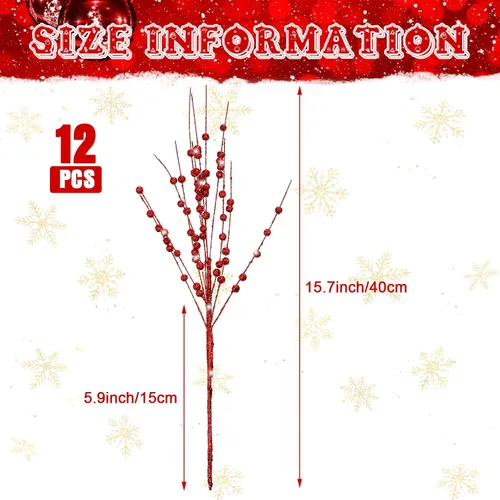 Miniatura 3 de Jutom 12 tallos de bayas artificiales de Navidad con purpurina de 15.7 pulgadas, adornos de púas de bayas de acebo, adornos falsos para árbol