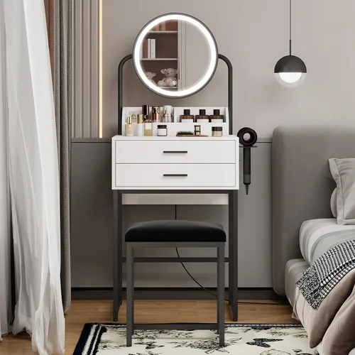 Miniatura 11 de ARTETHYS Escritorio pequeño con espejo y luces, tocador de maquillaje compacto blanco con silla, moderno tocador que ahorra espacio con cajón