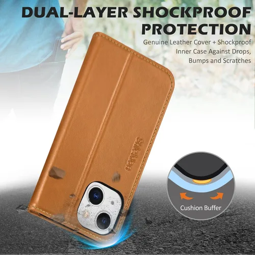 Miniatura 6 de SHIELDON Funda para iPhone 13 Mini 5G, cartera de piel auténtica, cierre magnético, ranuras para tarjetas, función atril, protección completa, Marrón