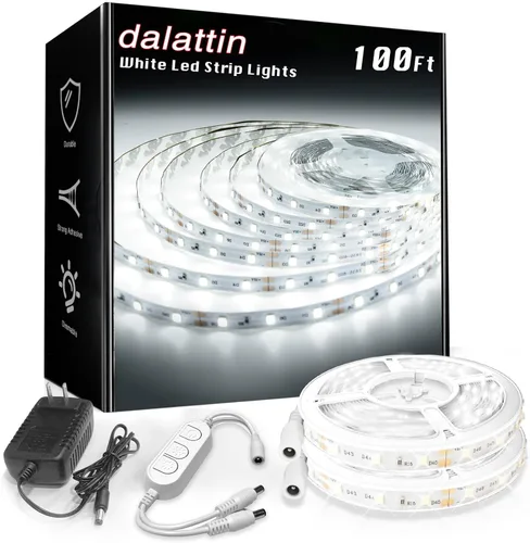 dalattin - Tira de luces LED blancas de 100 pies, tira de luces LED regulable de 24V, 6500K, luz blanca diurna de 1800 LEDs para dormitorio, espejo,
