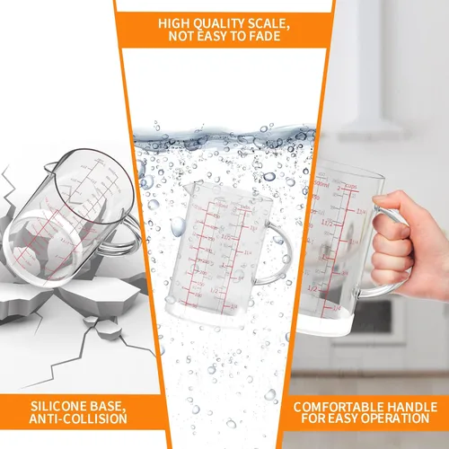 Miniatura 4 de 77L Vaso medidor de vidrio, 2 tazas/16.9 fl oz, taza medidora con mango y boquilla en forma de V, vaso de vidrio con tres escalas (OZ, taza, ML)