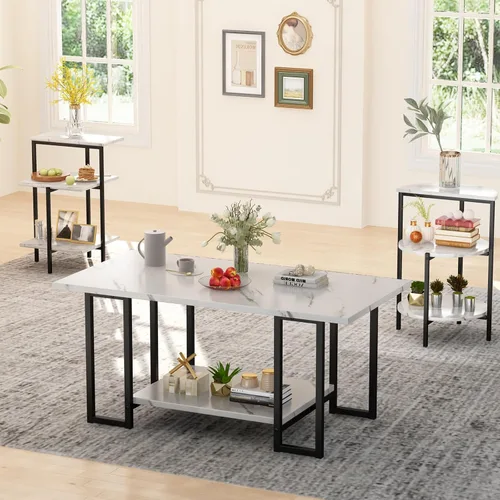 Juego de mesa AWQM de mármol sintético, mesa de café y 2 mesas auxiliares, superficie de mesa de mármol sintético y marco de metal, juego de 3