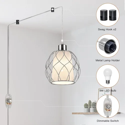 Miniatura 4 de Ruzectt Lámpara colgante enchufable, luz colgante con cable enchufable, lámpara colgante plateada con interruptor regulable, cable transparente