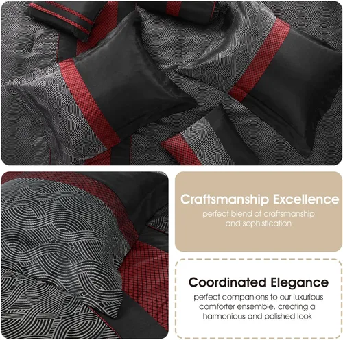 Miniatura 6 de Grand Avenue Juego de edredón rojo y negro tamaño Full, técnica jacquard y flocado, diseño moderno juegos de ropa de cama a rayas para todas
