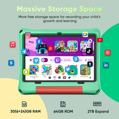 Miniatura 5 de aiprotablet Tableta para niños, Android 16 para niños de 10 pulgadas, Octa-Core 2.2 GHz con funda, 30 GB de RAM 64 GB ROM, 2 TB expandir, control