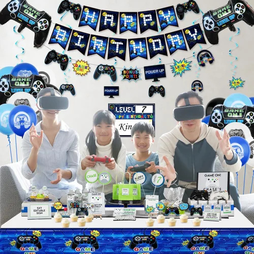 Miniatura 5 de Decoraciones de fiesta de videojuegos – Decoraciones de 7º cumpleaños para niños, pancarta de feliz cumpleaños, globos de videojuegos, globos azules