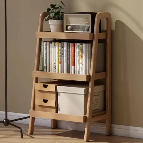 Estantería de escalera de 3 niveles 100% roble macizo, estantería pequeña, estantería de escalera, estantería con marco estable, mesa pequeña para