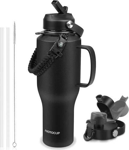 Miniatura 28 de ABOTOCUP Botella de agua de 40 onzas, botella de agua aislada con asa y tapas con popote, botella de agua de acero inoxidable que cabe en cualquier