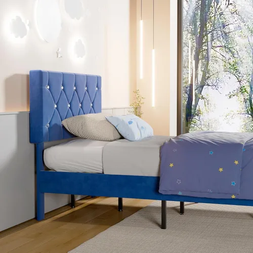 Miniatura 8 de VECELO Base de cama de tamaño individual, plataforma tapizada con cabecera ajustable de diamante, soporte de listones de madera, no necesita somier