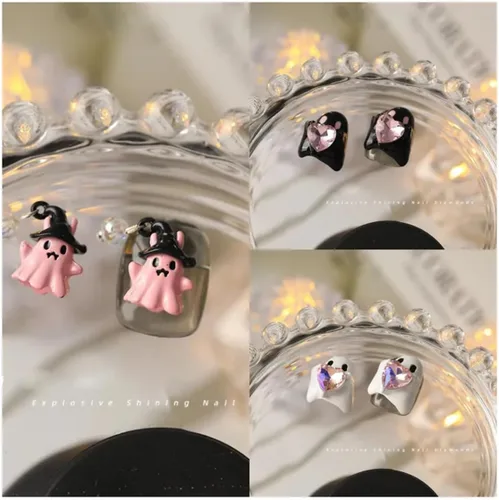 Miniatura 4 de 10 dijes de uñas de Halloween, diseño de calavera de fantasma, corazón con gemas de uñas, divertidos diamantes de imitación de uñas de Halloween