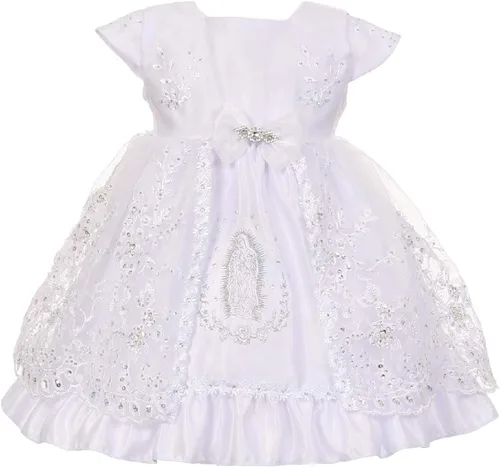 Miniatura 2 de Gigi's Classy Kids Baby Girls Blanco Bautizo Vestido Dedicación Diadema Virgen María Guadalupe Bautizo