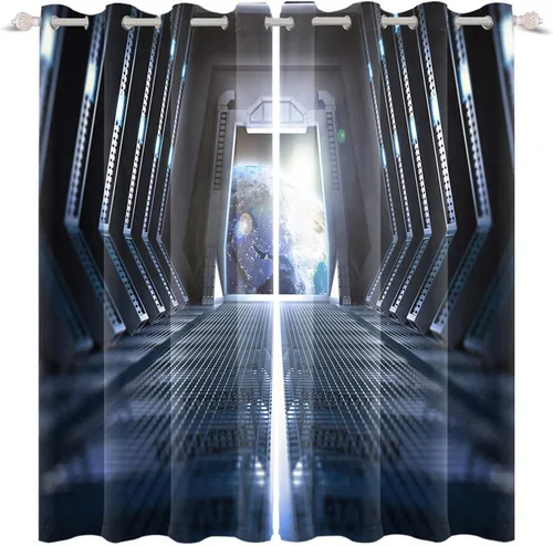 Renaiss Cortinas para ventana del espacio exterior, paso interior de la estación espacial, corredor de ciencia ficción futurista, vista interior,