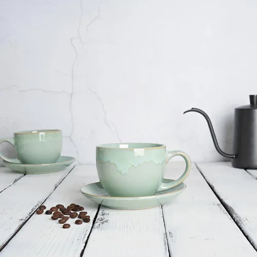 Miniatura 4 de Bosmarlin Juego de 2 Tazas de Capuchino y Platillo de Cerámica, 10 Oz, Tazas de Café para Café con Leche, Espresso, Té, Aptas para Lavavajillas