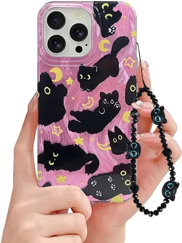 Miniatura 8 de Funda de teléfono para iPhone 11 con patrón de gato lindo, estética, genial y femenina con correa de encantos de teléfono y cadena, funda protectora