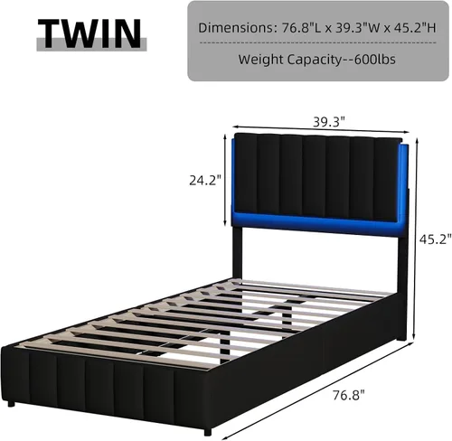 Miniatura 2 de REVOMINCA Base de cama tapizada individual con luces LED, plataforma de piel sintética con cabecera y soporte de listones de madera, no necesita