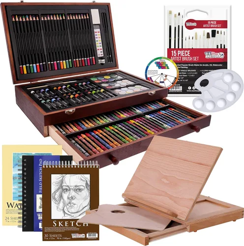 U.S. Art Supply Juego de artista de 163 piezas en caja grande de madera con caballete, pintura, dibujo y suministros de arte para adultos -