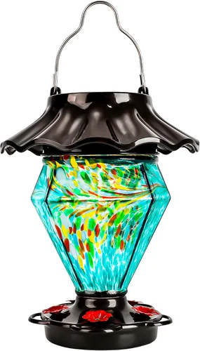 LUJII Alimentador solar para colibríes que cambia de color para colgar en exteriores, vidrio soplado a mano con forma de diamante, 35 onzas