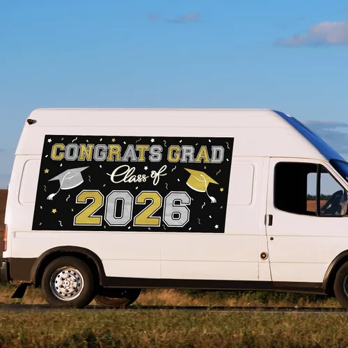 Miniatura 6 de Telón de fondo de plástico para fiesta de graduación 2026, 65 x 32.7 pulgadas, pancarta de felicitaciones graduadas en negro, decoraciones de clase