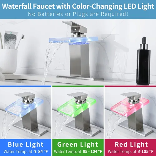 Miniatura 2 de Grifo LED para lavabo de baño, grifo de cascada de níquel cepillado de un solo orificio o centro de 4 pulgadas con boquilla de vidrio y luces LED
