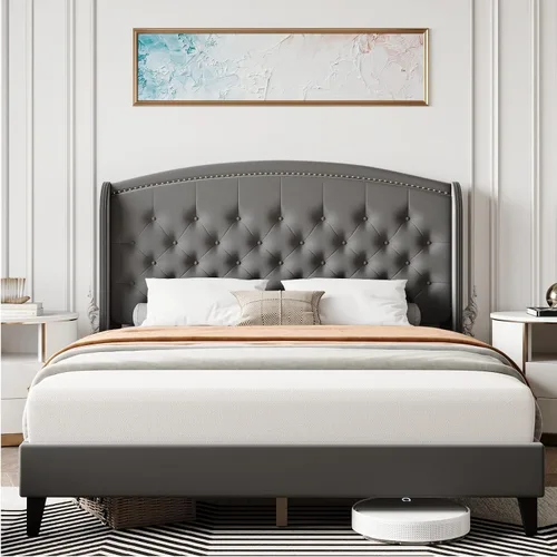 Miniatura 8 de Base de cama tamaño Queen, plataforma tapizada con cabecera de ala y diseño capitoné de botones, soporte de listones de madera, fácil montaje,