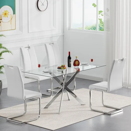 Miniatura 18 de Juego de mesa de comedor de cristal negro de 51 pulgadas para mesa de cocina de 4,5 piezas y sillas con patas de metal y 4 sillas de comedor de piel