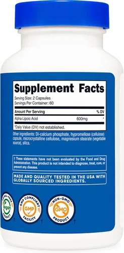Miniatura 7 de Suplemento Nutricost Ácido Alfa Lipoico 600 mg por porción, 120 cápsulas, 60 porciones - Cápsulas vegetales, sin OMG