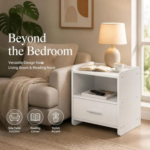 Miniatura 8 de Karl home Nightstands Set of 2 with Drawer for Bedroom, Wood Night Stand with 2 Open Shelf, Modern Bedside Table with 2 USB Charging Station, End