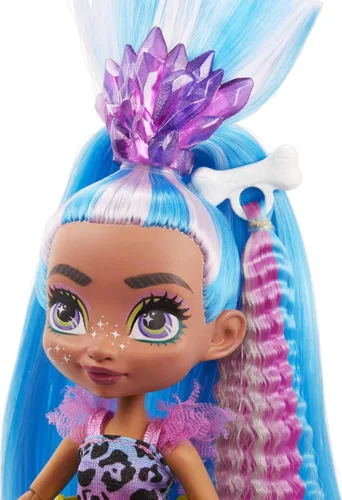 Miniatura 3 de Mattel Cave Club Tella Doll (10 pulgadas, pelo azul) Muñeca prehistórica poseible de moda con mascota dinosaurio y accesorios, regalo para niños