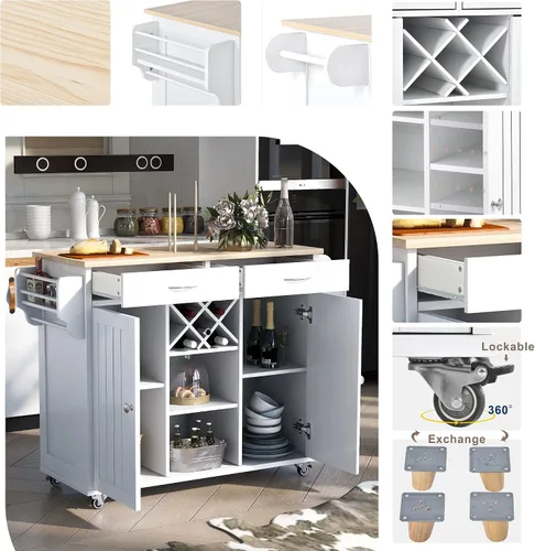 Miniatura 3 de Carrito de isla de cocina, moderno carrito móvil de isla de cocina con 2 armarios de almacenamiento y 4 ruedas de bloqueo, estante de vino, 2