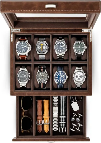 TAWBURY Organizador de caja de reloj con 8 ranuras para hombre, funda de lujo de piel sintética con cajón Caja de reloj para hombres Estuche de
