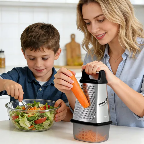Miniatura 2 de Ourokhome Rallador de queso con asa, rallador de caja de acero inoxidable, triturador de verduras de cocina de 4 lados con recipiente para Negro