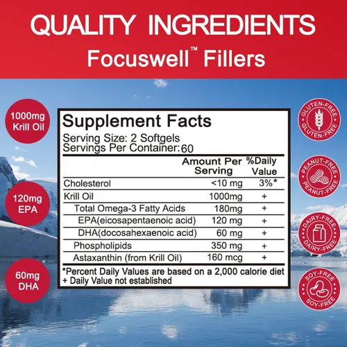 Miniatura 2 de Aceite de krill antártico 1000 mg, suplemento Omega 3, EPA, DHA, fosfolípidos y astaxantina - 120 cápsulas blandas