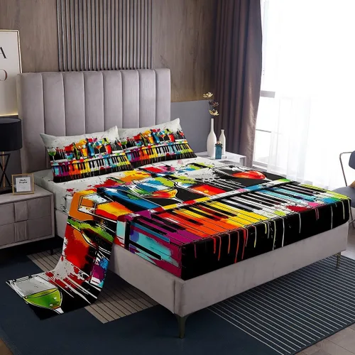 Miniatura 35 de Homewish Juego de sábanas de música de piano, tamaño Queen, juego de ropa de cama de notas musicales de 4 piezas para decoración de habitación