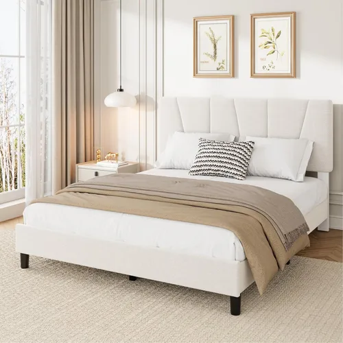 Miniatura 11 de Garvee Base de cama de tamaño individual con cabecera ajustable, base de cama tapizada de lino con listones de madera fuertes, base de colchón,