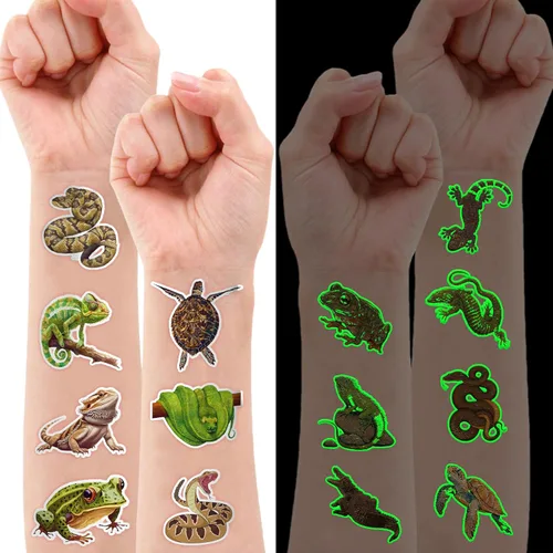 Miniatura 2 de 96 piezas de tatuajes temporales luminosos de reptiles que brillan precortados, decoraciones de fiesta de cumpleaños, suministros de regalo