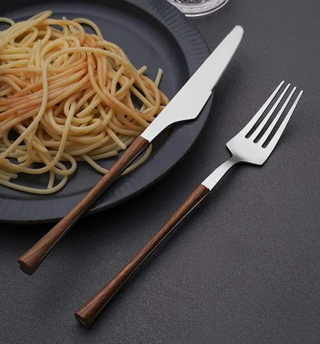 Miniatura 6 de Juego de cubiertos con mango de madera sintética para 4, vajilla de acero inoxidable de grado alimenticio, juego de vajilla de 20 piezas