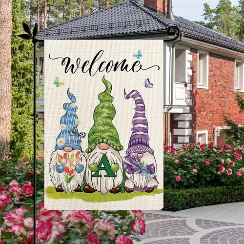 Miniatura 2 de Bandera de jardín con monograma de flores de gnomos de primavera, bandera de gnomo floral con letra inicial, bandera de bienvenida de primavera