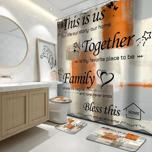 Miniatura 9 de Lnond Juego de 4 Piezas de Cortinas de Ducha para Baño con Alfombras, Azul y Naranja Motivacional Hogar Familia Juegos de Baño con Cortina de Ducha