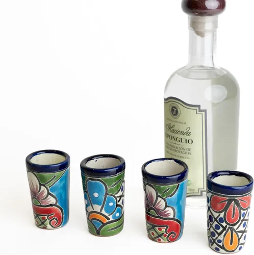 Miniatura 4 de Juego de 4 vasos de chupito Talavera - Pintados a mano - 2 Oz (azul con verde)
