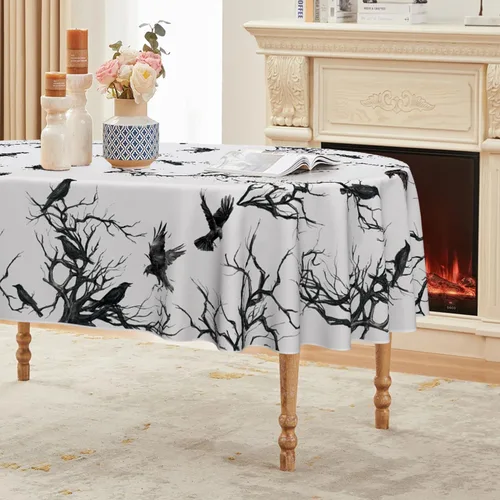 Horaldaily Halloween Tablecloth 60×84 Inch Oval, Crow Tree Washable Table Cover for Party Picnic Dinner Decor
