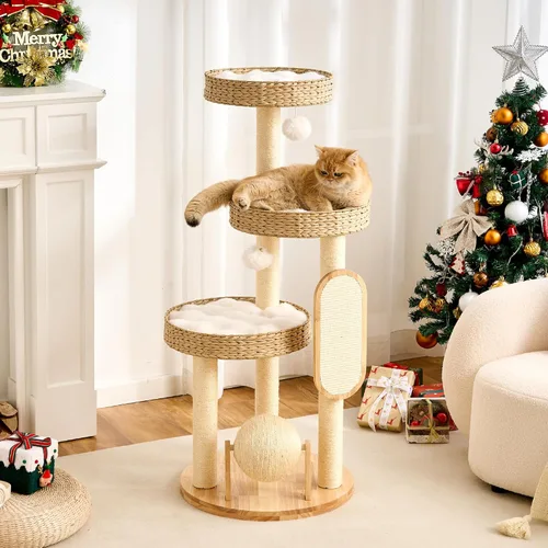 Miniatura 2 de HITTITE Moderna torre de árbol para gatos con poste rascador, torres para gatos de 47 pulgadas de alto con bola rascadora y almohadilla, árbol