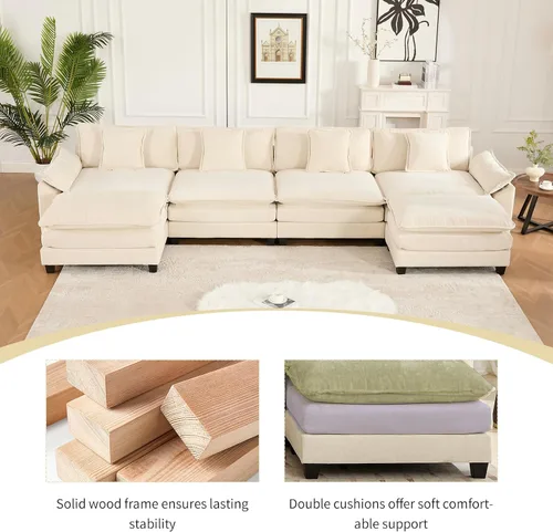 Miniatura 6 de Sofá seccional modular beige de 117.3", sofás seccionales grandes de 3 plazas para sala de estar, sofá nube oversized de tela chenille con otomana