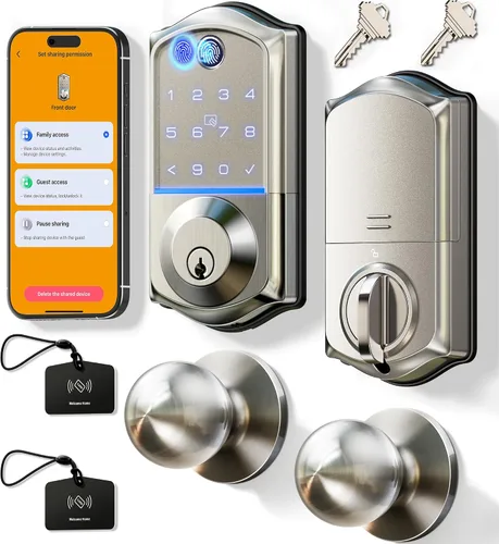 Veise VE017-K - Cerradura inteligente de huellas dactilares con 2 perillas, control de aplicación, juego de cerradura de puerta delantera de entrada