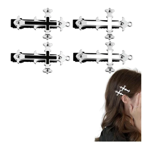 Cross Hair Clips Punk Goth Hair Accessories for Women Girls Metal Y2K Gothic Cross Barrettes Hairclips Alligator Clips Set of 4 Cool Halloween