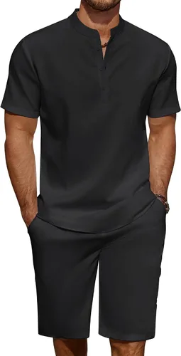 COOFANDY Conjunto de 2 piezas de lino para hombre, camisas Henley casuales de manga corta, pantalones cortos de yoga para la playa, pantalones