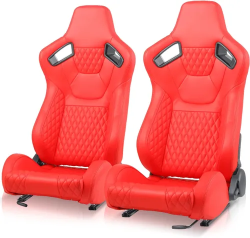 Miniatura 11 de Auto Dynasty Par de Asientos de Carreras Universales Tipo Bucket de Cuero Vinílico y Fibra de Carbono Reclinables con Rieles de Montaje Inferior