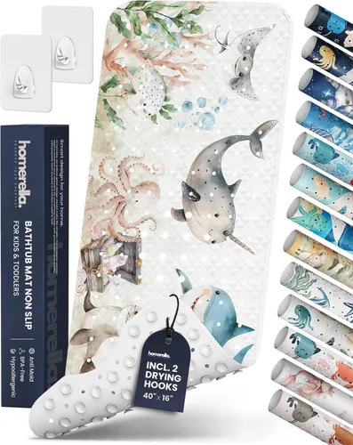 Miniatura 18 de Homerella - Alfombrilla de baño antideslizante y antideslizante para niños, 40 x 16 pulgadas, sin BPA, incluye 2 ganchos, tapete de ducha lavable